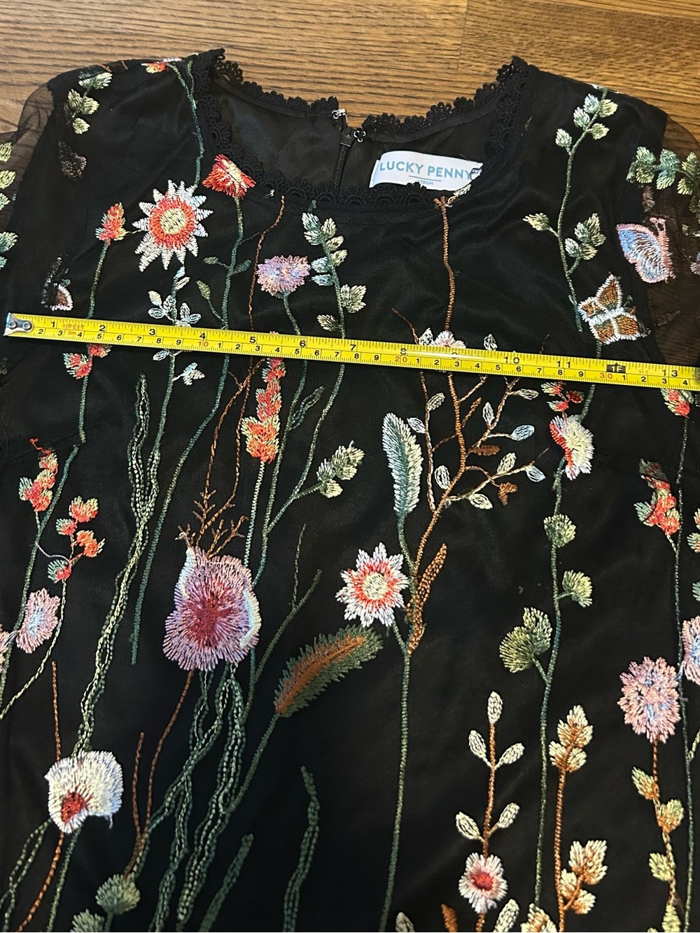 Embroidered Black shear Mini Dress with Floral embroidery and bell sleeves 0192 - Picture 6 of 12